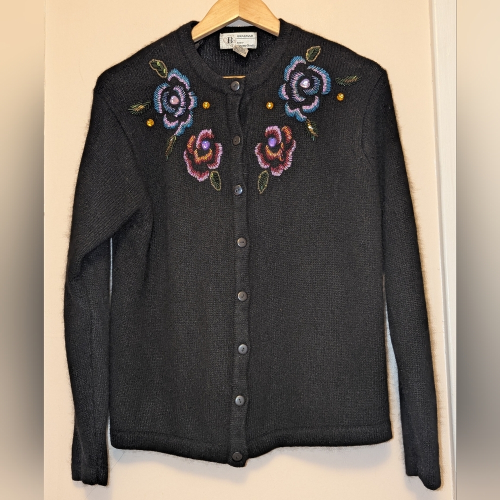 Vintage Black Knit Silk Angora Blend Sweater Cardigan Beaded Flowers Large - Picture 13 of 14